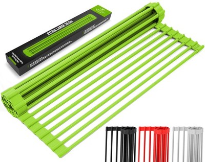 Large Roll Up Dish Drying Rack Heavy Duty Silicone Wrapped Steel Rods Over Sink