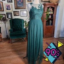Vintage 90s Davids Bridal Emerald Green Lace Tulle Illusion Neck Formal Gown