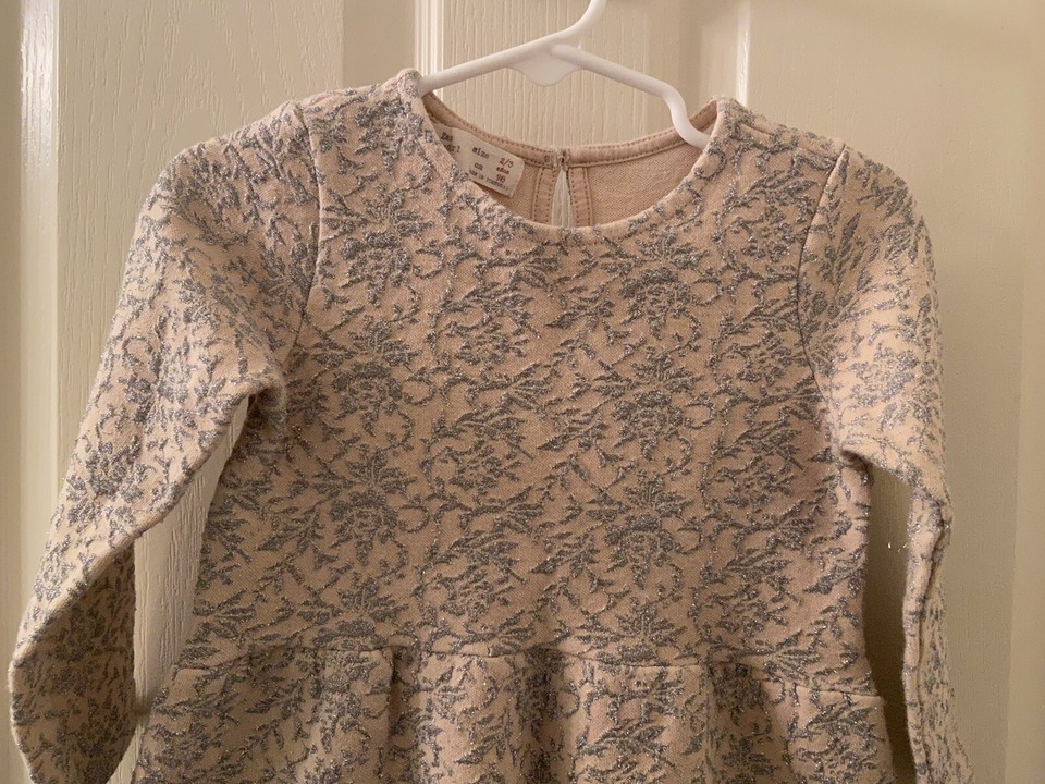 Zara Baby Girl Pink Silver Metallic Jacquard Dress Long Sleeved Size 2