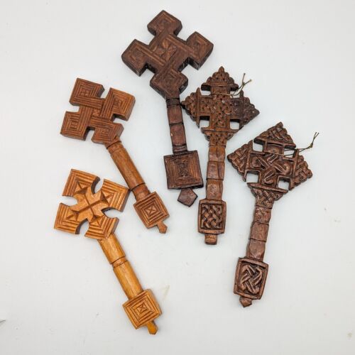 Vtg Ethiopian Coptic Cross Hand Carved Wood Procession Scepter Lot - Afbeelding 1 van 4