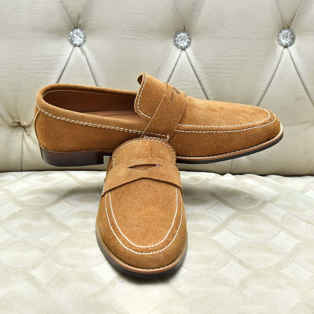 Handmade Men beige suede moccasins, Mens suede penny loafer  display picture 1