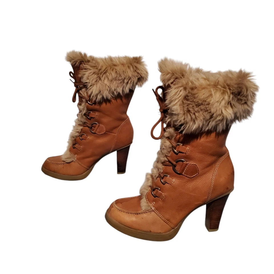 Botas de campus Report de cuero marrón con cordones de tacón medio de la pantorrilla para mujer talla 8 Foto 2 de 4