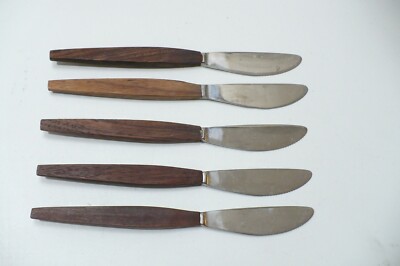 5 Dinner Knifes Rostfritt Stal Mid Century Modern Wood Handle Vintage Flatware 