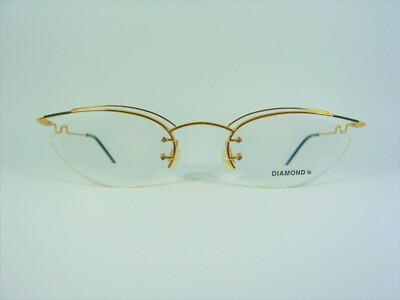 Diamond, luxury eyeglasses, rimless, oval, round, Gold plated, frames, NOS