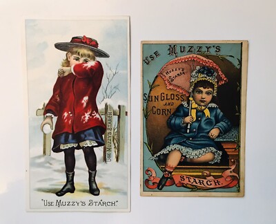 Pair of Vintage Victorian Trade Cards  Muzzy s Corn Starch with Recipes
