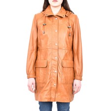 Women's Smart Long Sheep Nappa Leather Duffle Coat Hood Tan Dr218