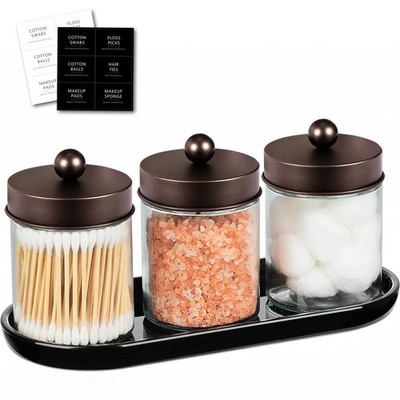 3-Pack Glass Apothecary Jars with Acrylic Vanity Tray - Bathroom Organizer Se...