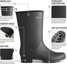 Hisea Womens Size 8 Wide Calf Black PVC Pull On Waterproof Garden Rain Boots