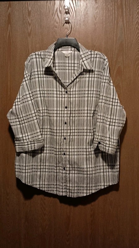 Alia Plus Shirt 24W Black Plaid Button Up Light Weight 3/4 Sleeves Hem Slits 