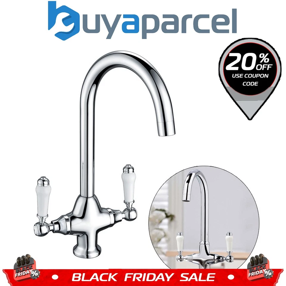 Twin Lever Traditional Mono Kitchen Sink Mixer Brass Tap Spout Ceramic Handle