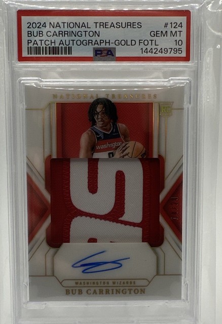 2024-25 National Treasures Bub Carrington Rookie Patch Auto Gold FOTL /20 PSA 10