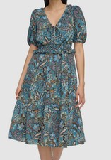 Vince Camuto Women's Blue Printed Smocked-Waist Midi Dress Size 12