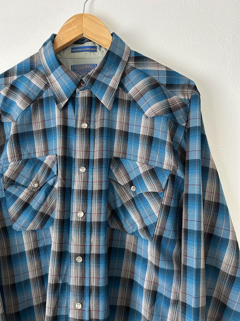 70s Sir PENDLETON Wool Check Shirt  usa製 Sir Pendleton 70's Check Shirt Western Wool Blue Gray Black