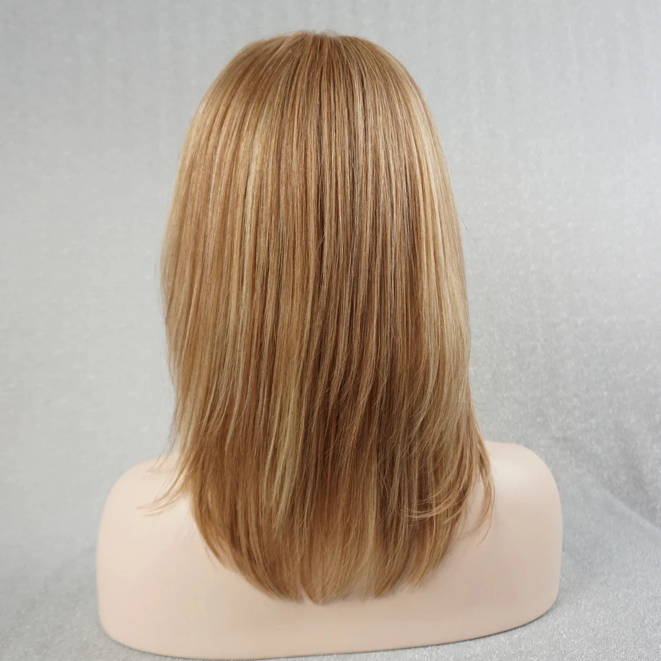Pelucas cortas rubias miel marrón resaltadas con flequillo lateral cabello humano ninguna peluca de encaje Foto 3 de 4