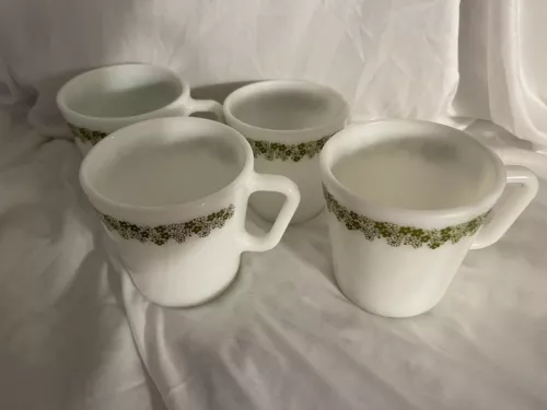 4  Pyrex Milk Glass Coffee Mugs 8oz Green Spring Blossom Vintage Made in USA