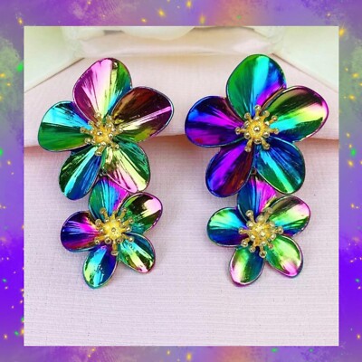 Woman s Multi Color Layered Flower Drop Earrings Post Back Oil~Spill 2024 New