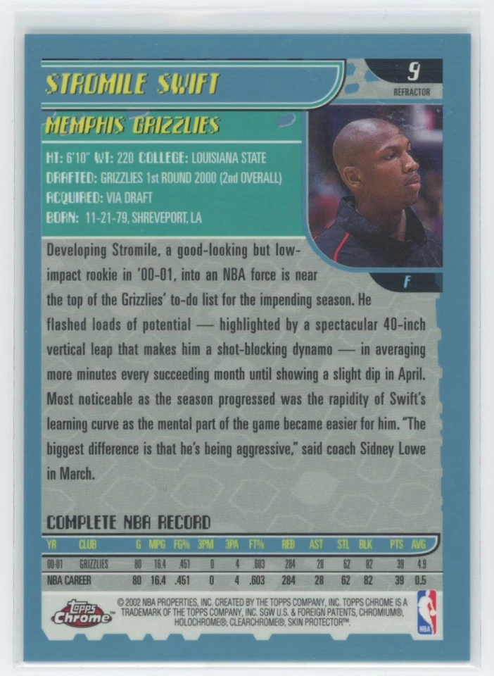 2001-02 Topps Chrome Refractors Stromile Swift Memphis Grizzlies #9 - Image 2 of 2