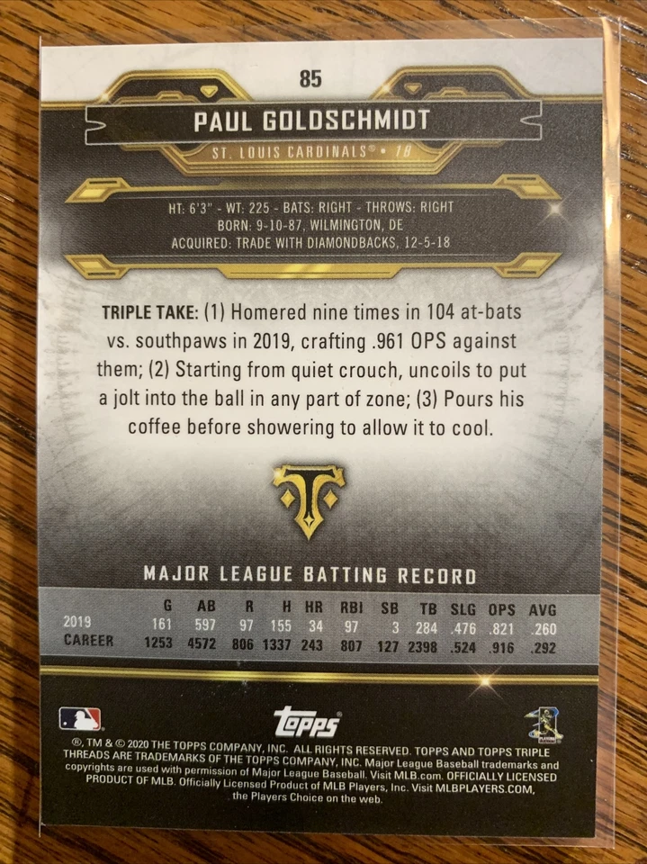 2020 Topps Triple Threads Thick Stock Base Card - PAUL GOLDSCHMIDT Cardinals #85 - Image 2 of 2