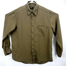 BOSS Hugo Boss Mens Shirt Size L Long Sleeve Button Up Dark Green Hidden Buttons