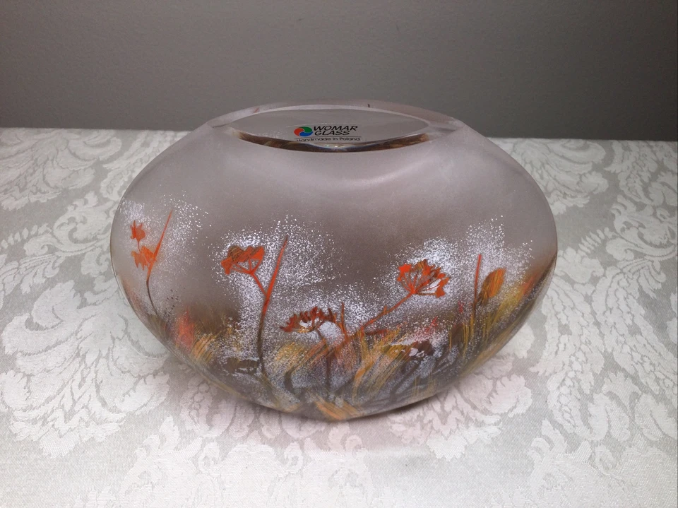 Womar Glass Blown Painted Flowers Yellow Red Oval Vase 5” - Image 2 of 4