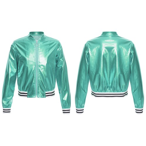 Kids Girls Long Sleeve Outerwear Zipper Closure Striped Edge Bronzing Jacket - Picture 79 of 122