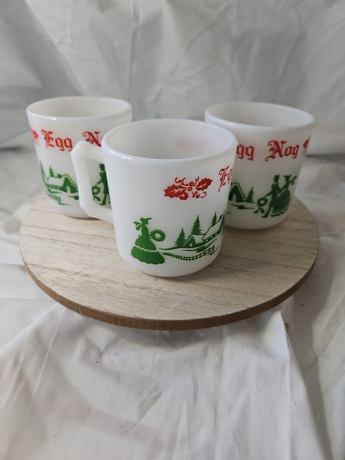 3 Mug Hazel Atlas Christmas Village Red Green Milk White Glass Egg Nog