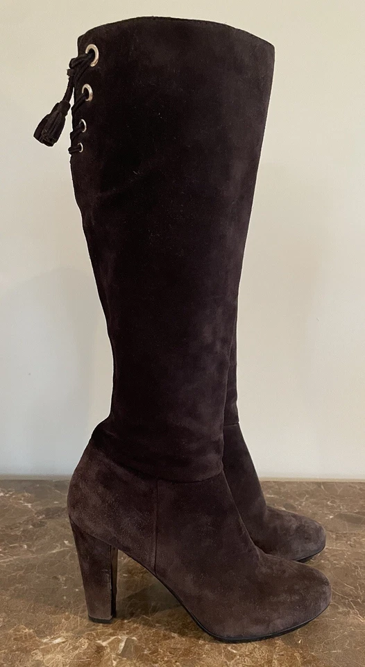 The Original Zapato Coche Marrón Gamuza Tacón Hasta la Rodilla Botas Con Cordones Traseros 38 8.5/9 Foto 4 de 4