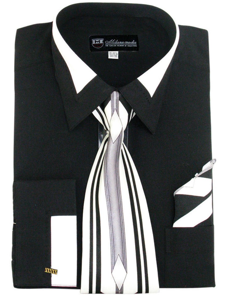 Gold Fashion Contrast Collar French Cuff Matching Tie and Hanky Set Men's Dress Shirt