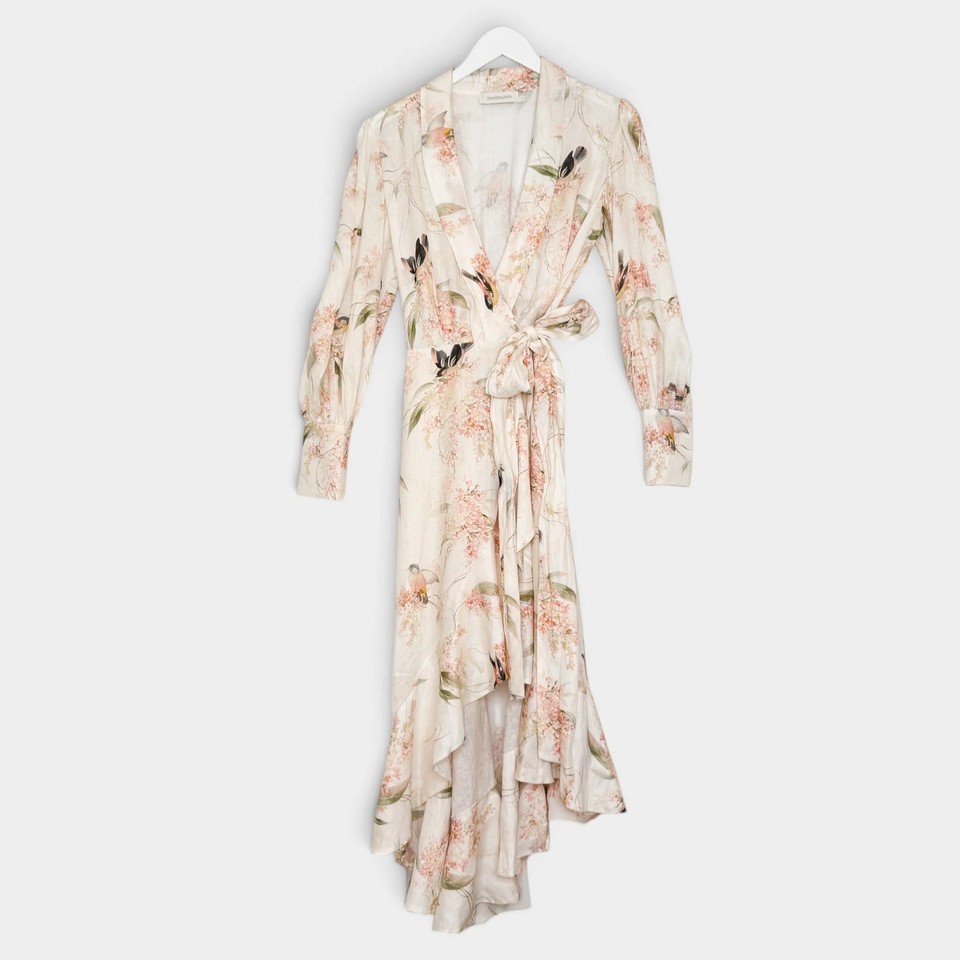 Zimmermann Coral Bird Print Linen Wrap Frill Midi Dress Size 1 ~ AU8