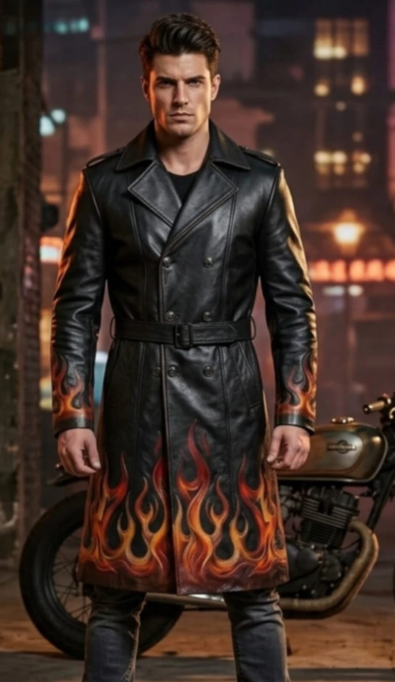 Men's Black HandForged Leather Trench Coat Gothic Flame Print Long Biker Duster - product detail image 1