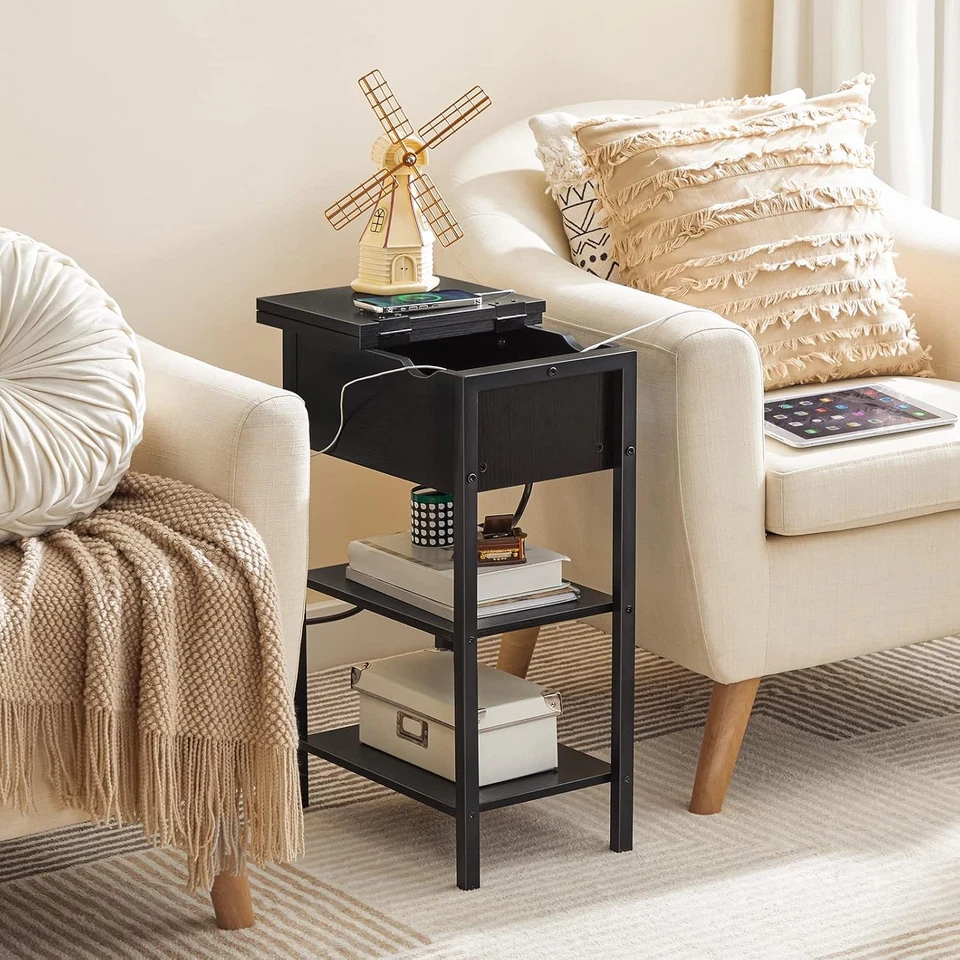 Side Table End Table w/Charging Station Nightstand 18.9” x 10.2” x 25.2” Black - Image 3 of 4