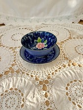 Japanese Style Ceramic Bowl & Plate Blue Green Floral Pattern, Vintage Tableware