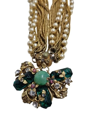 Miriam Haskell Vintage Faux Pearl Gold Chain Multi Strand Emerald Glass Pendant