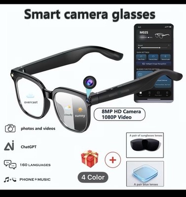 M02S Smart Camera Glasses, AI Voice Assistant, Translation, Bluetooth Wi-Fi