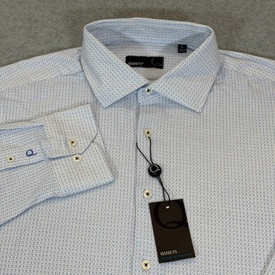 Quieti Nova Stretch Mens Long Sleeve Button Up Shirt L White Blue Geo Stretch