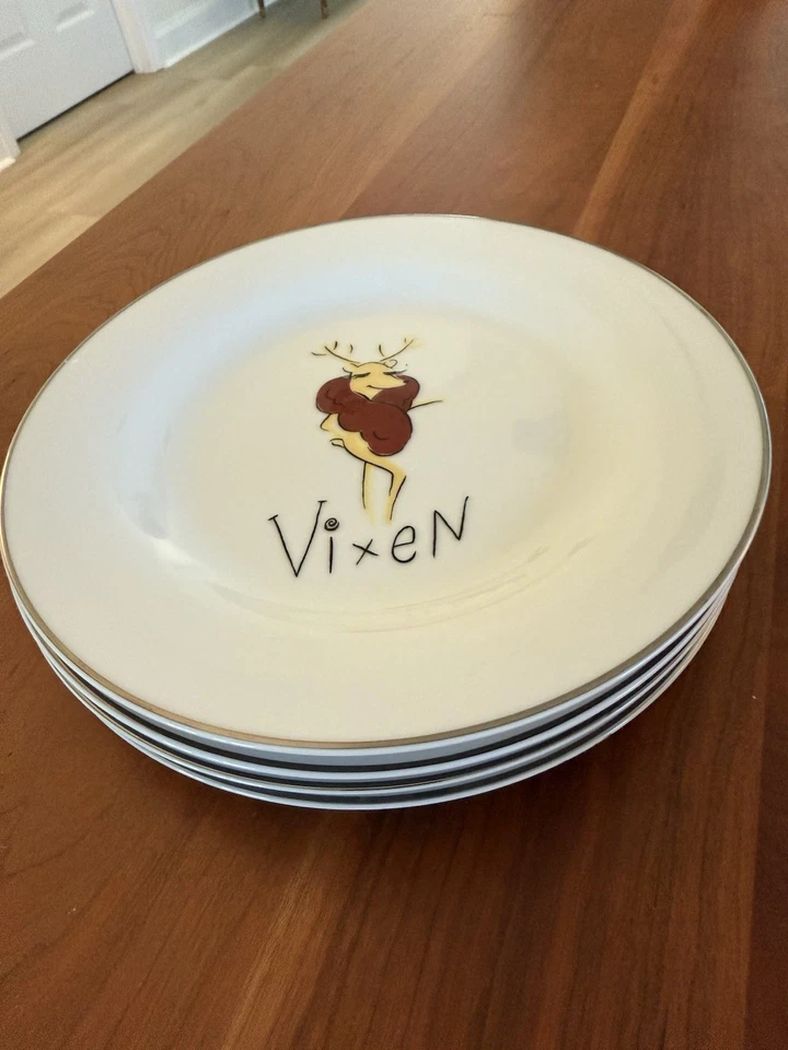 Juego de 4 platos de postre de ensalada Pottery Barn Santa Reno 8,5" Navidad Foto 2 de 4