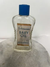 Vintage JOHNSON'S BABY LOTION Glass Bottle  4" Tall Embossed blue lid J&J