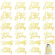 24 Pieces Gold Happy Birthday Cake Toppers Mirror Acrylic Cupcake Topper Happ...