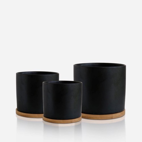 Matt Black Set 3 Ceramic Plant Pots with Bamboo Coasters Indoor Planters Whit... - Picture 5 of 8