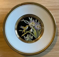 Vintage Art of Chokin 24KT Gold Edged Plate Hummingbird & IrisFlower Japan 6.25"