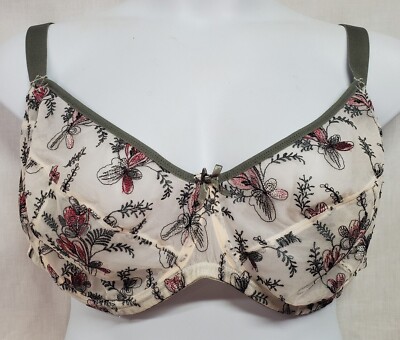 Ulla Popken Bra Size 52D US Green Floral Embroidered Mesh 