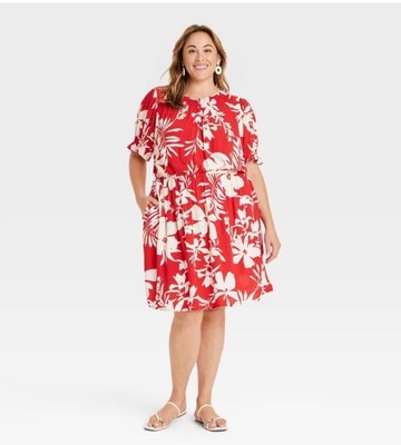 Ava & Viv Women's Plus Size 3X Short Sleeve A-Line Dress Red Floral - NWT