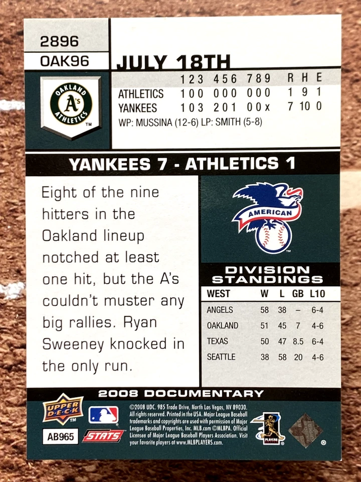 2008 Upper Deck Documentary Huston Street #2896 - Image 2 of 2