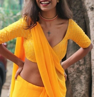 Bollywood Style Chiffon Sari Beautiful Yellow Sari Blouse Indian Ethnic Designer