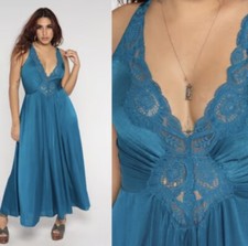 Vtg Vanity Fair Silky Blue Lace Bust Y2K Forest Fairy Romantic Midi Dress Sz L