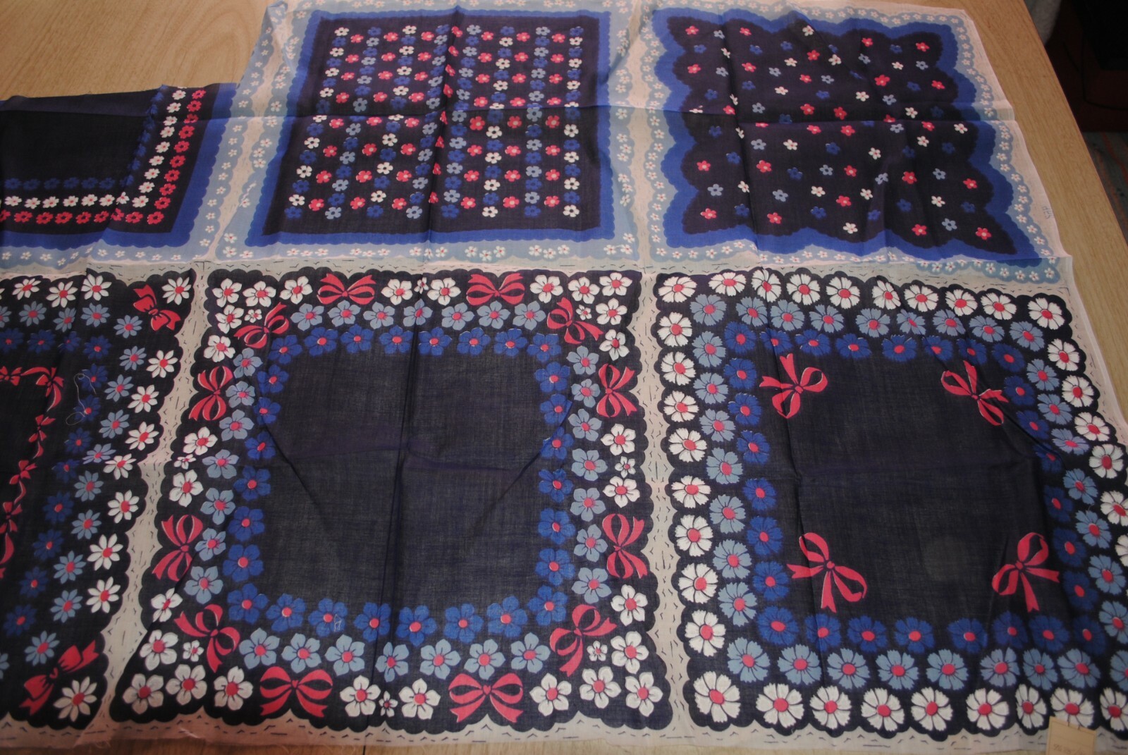 1281  Vintage printed cotton hankie fabric, blue with flowers, 5 Hankies in one!