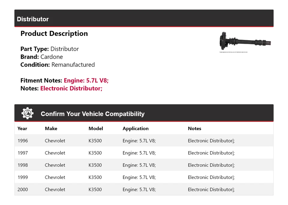 Para Chevrolet K3500 1996-2000 5,7 L V8 distribuidor Cardone 1997 1998 1999 Foto 2 de 4