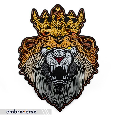 Royal Lion Large Embroidered Back Patch, Golden King Crown, Angry Wild Animal