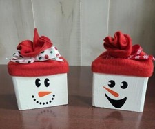 2 Winter Decoration Snowman Pair  3" Red Hats Handmade from 2x4s