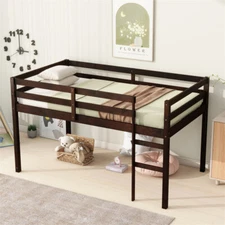 Twin Size Low Loft Bed with Climbing Ladder & Space Storage for Kids Espresso